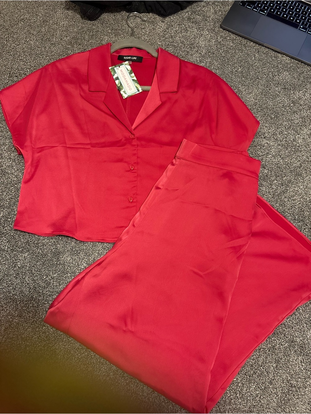 NWT Red Satin Wide-Leg Pants & Shirt Set